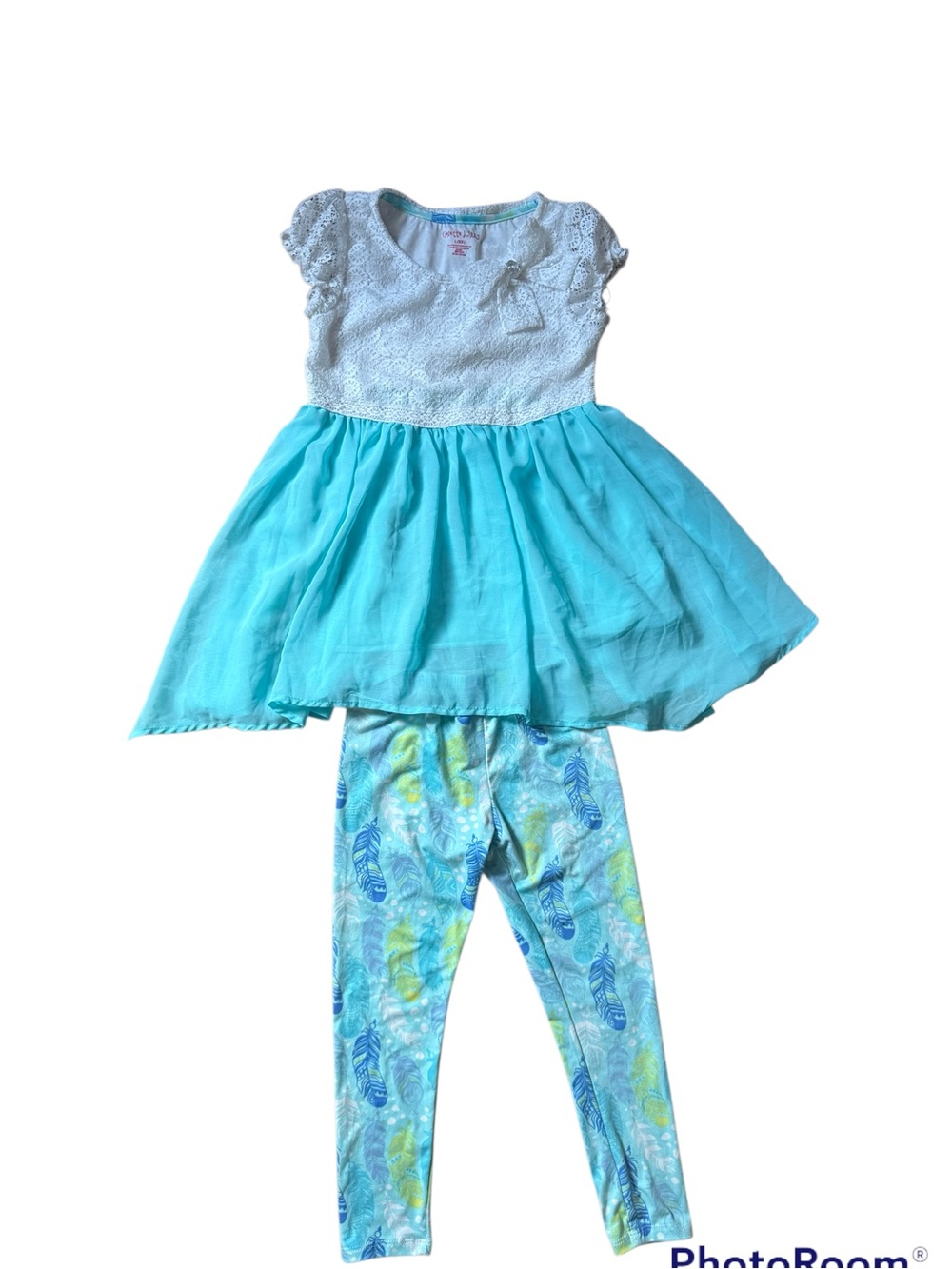 Girls White & Aqua Lace Peplum Top with Aqua Feather Leggings Matching Set
